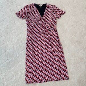Anne Klein Faux Wrap Short Sleeve Pink Black & White Geo Print Dress – MEDIUM